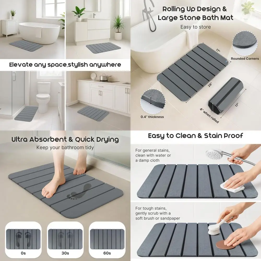 

Non-Slip Foldable Stone Bath Mat, 28x17 Inches, Super Absorbent Diatomaceous Earth, Quick Dry, Grey