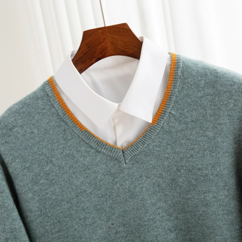 

Осень и зима, 100% чистая шерсть, мужской повседневный модный пуловер с v-образным вырезом, витой дизайн, вязаный свитер