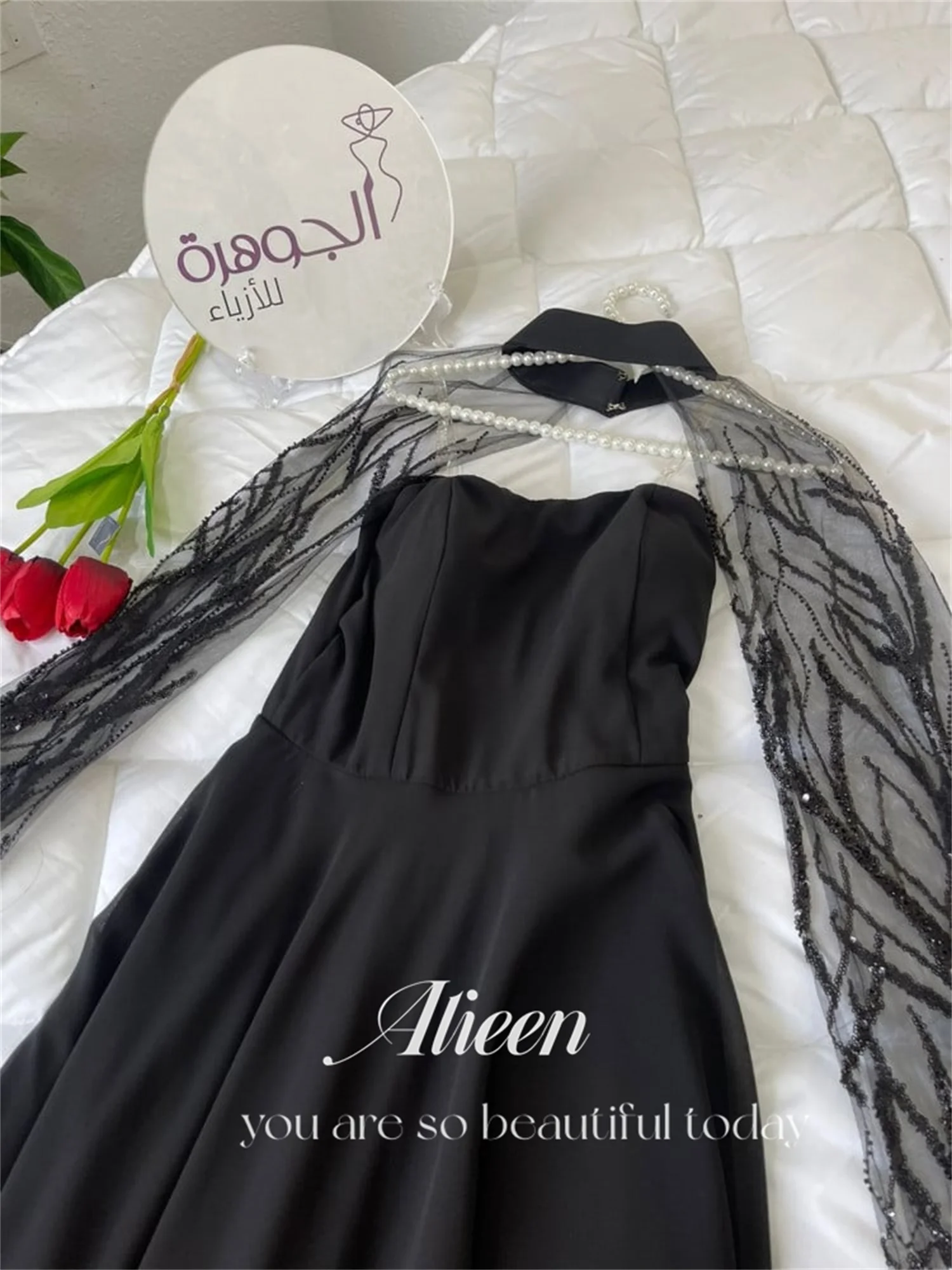 Aileen Black Saudi Arabia Shawl A-line Elegant Evening Dresses for Women Luxury Prom Dress 2024 Ball Gowns Party