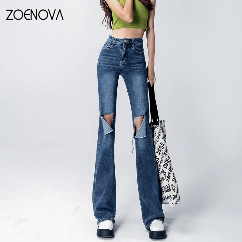 ZOENOVA Quần Jean Nữ Thanh Lịch Dạo Phố Xé Quần Jean Nữ Thấp Eo Quần Baggy Vintage 2022 Thời Trang Hàn Quốc Quần Nữ Quần Áo