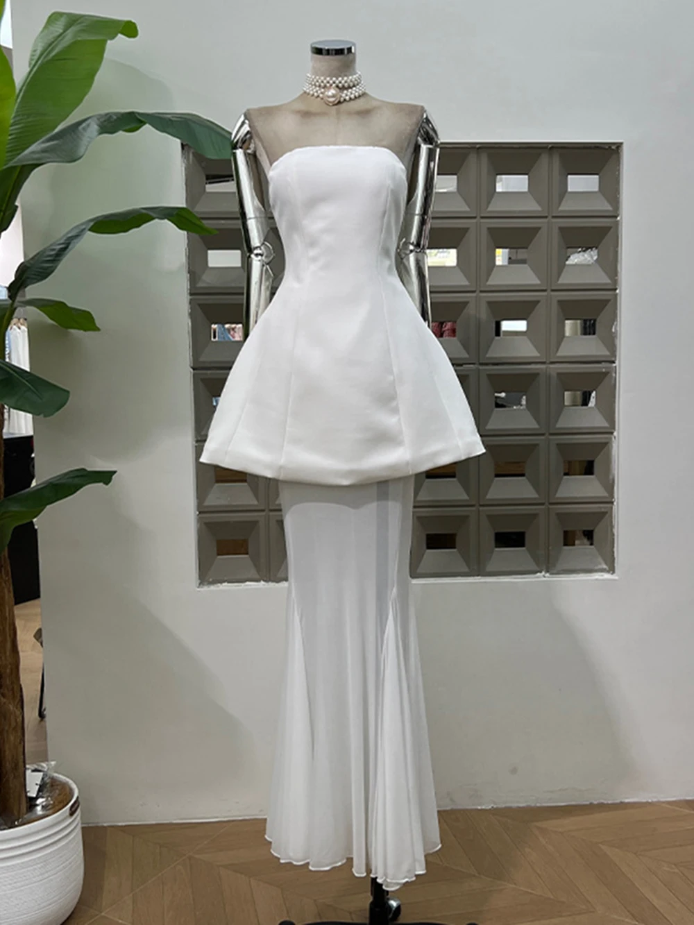 Modphy elegante boda Top de encaje blanco + falda de sirena de malla conjunto de vestidos largos adelgazantes de Color sólido sin tirantes para mujer