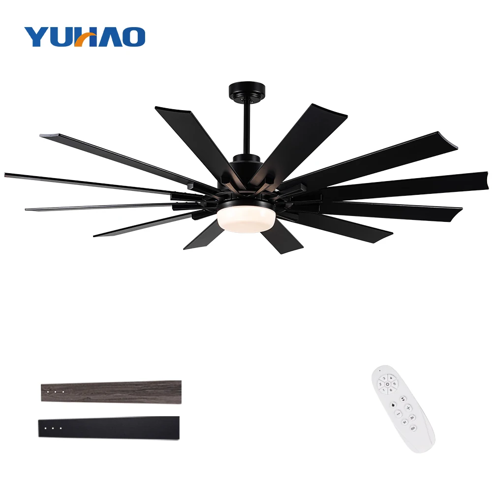 Large Industrial Ceil Fan Remote Control Dc  Motor  Modern 72 Inch Wooden Solid Wood12 Blade Big Size Ceiling Fan With Light