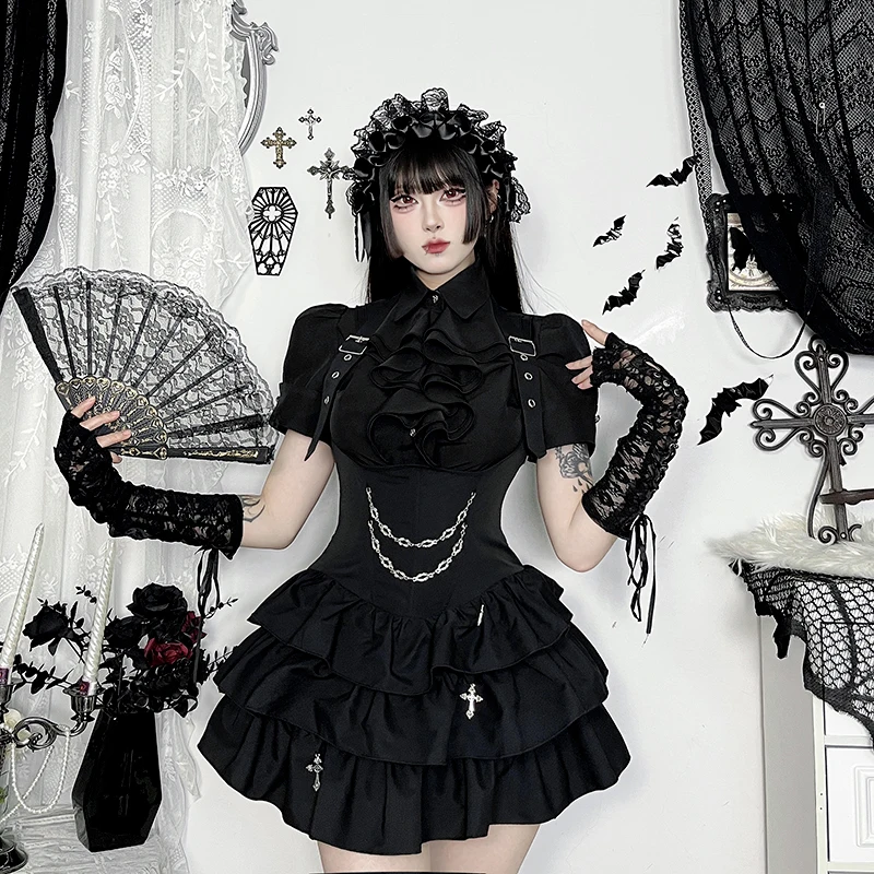 Goth preto plissado em camadas bodycon magro mini vestido suspender saia vintage elegante manga curta espartilho camisas superiores feminino verão