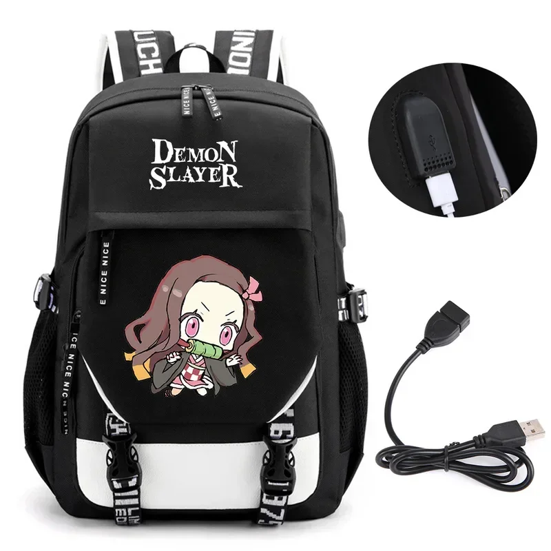 Anime Demon Slayer Kamado Nezuko Backpack School Book Bags Mochila Travel USB Port Bag Laptop Boy Girls Gift