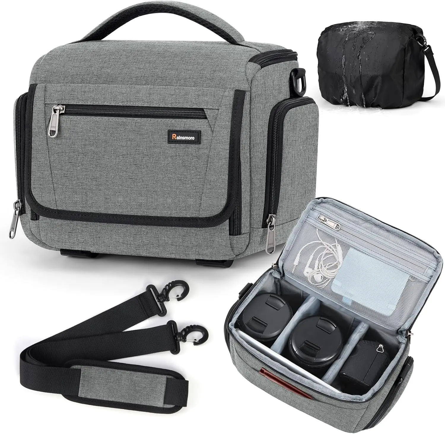 

Сумка для фотоаппарата для зеркальных фотокамер/DSLR/беззеркальных с перегородкой, держателем для штатива, водонепроницаемой сумкой через плечо с ремнем и дождевиком - серая