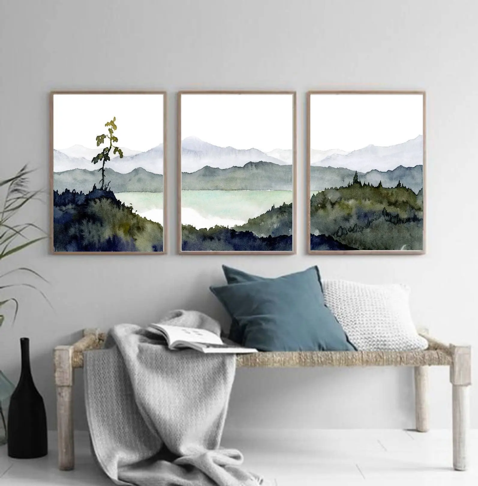 3PCS frameless decorative art print,Watercolor Mountain Lake Wall Art Set, Neutral Forest Landscape Canvas Prints, Minimalist Bo