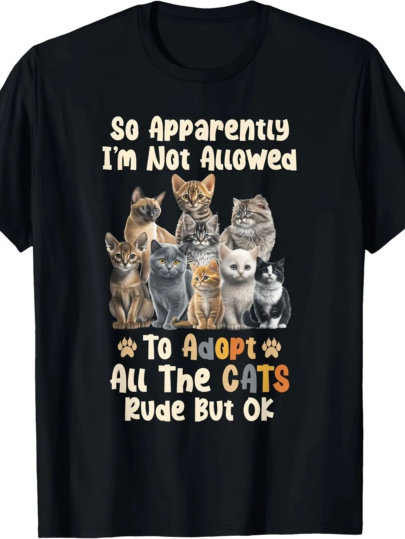 

Футболка с надписью Funny Cat Adoption — мягкая футболка с круглым вырезом из 100% хлопка, 180 г/кв.м, с 6 очаровательными кошками, можно стирать в машине, унисекс Gi