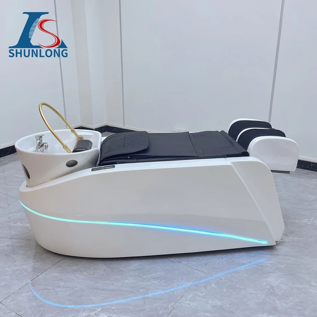 Electric Head Spa Shampoo Bed White Shell Black Cushion Blue LED Light Water Circulation Hair Washing Chair for Hair Salon