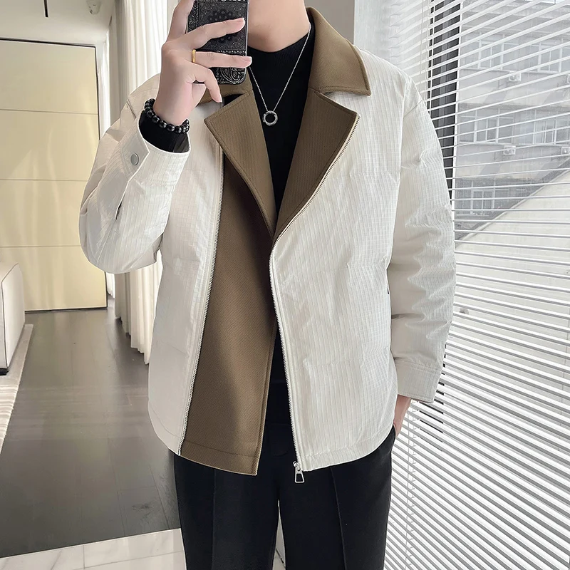 2024 Winter New Men's Fashion Woolen Splicing Cotton Coat with Thickened Cotton for Warmth, Trendy Cotton Coat in Large Size