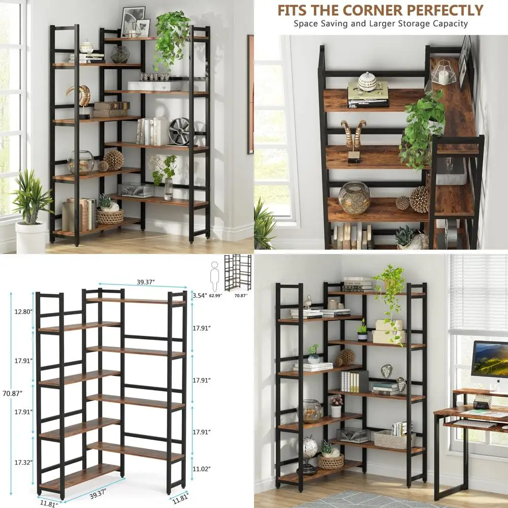 

70.8 Corner 8-Tier Industrial Bookcase with Metal Frame for Open Storage and Display Rack Organization