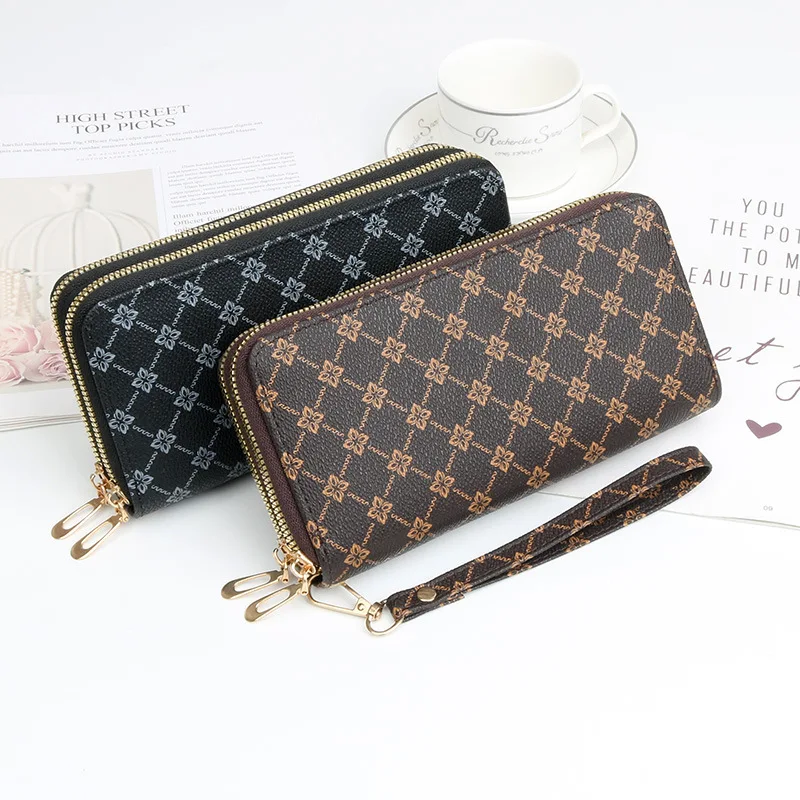 Classic Lattice Print Long Zip Around Wallet with Matching Wrist Strap, Durable Faux Leather Ladies Clutch Purse, Daily Shopping