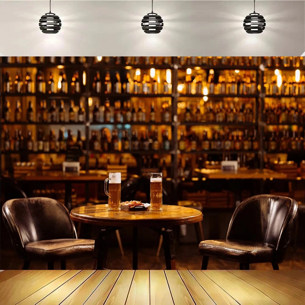 Classic Bar Interior Backdrop Vintage Pub Table Chair Wine Bottle Alcohol Beer Night Evening Bar Restaurant Background Party