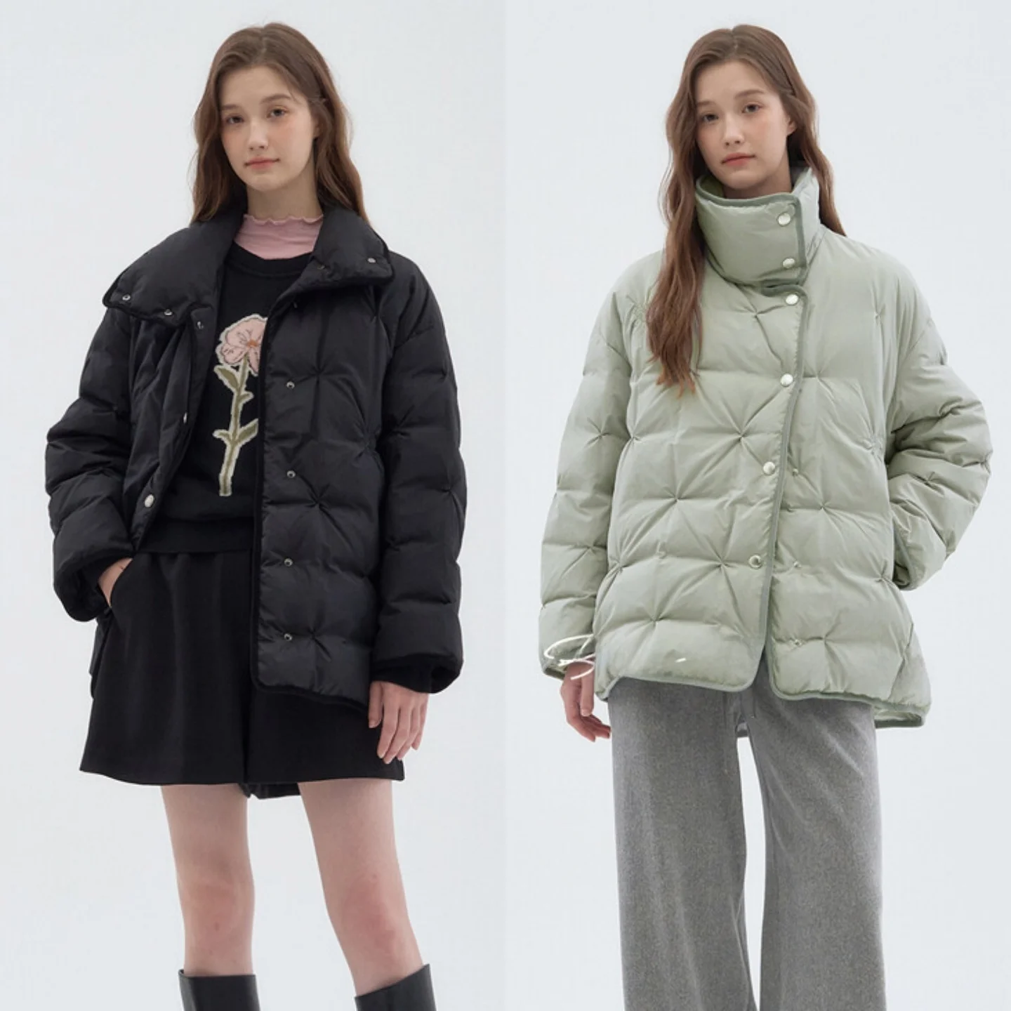 

Korean Sle Stand Collar Goose down Jaet Embroidered Pleated Thiened Commuter Versatile Women's Winter Coat Outerwear