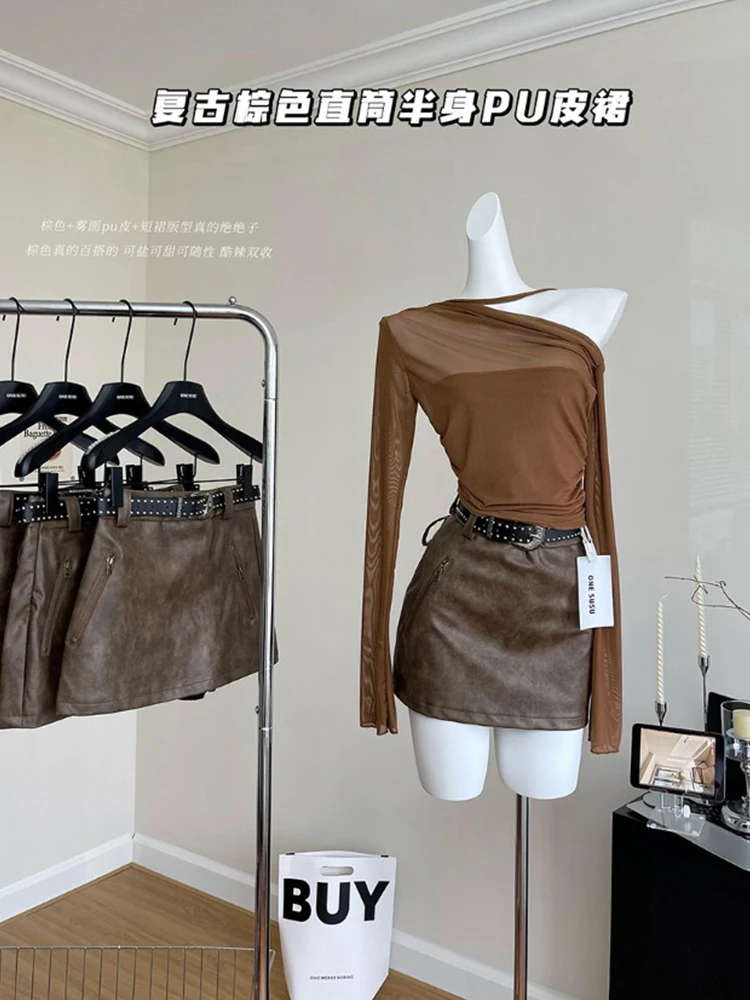 Fall Winter Women French Retro Mini A-line Pu Faux Leather Skirt 2000s Aesthetic Goblin Core Korean Harajuku Gyaru Y2k Old Money