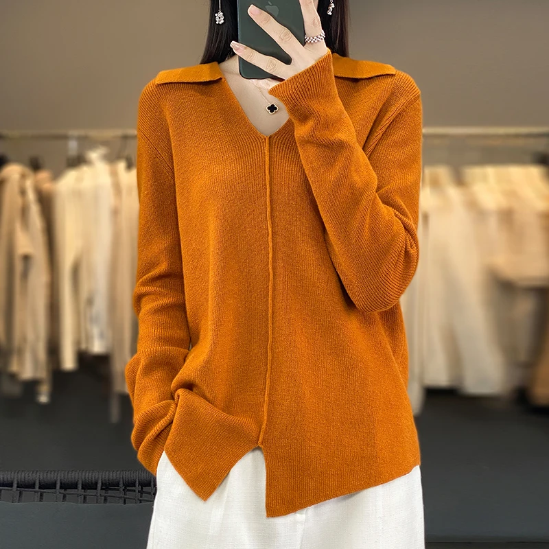 

Retro Revival Easy to Wear Amazing Swan Neck Fashionable Wool POLO Neck Solid Color Temperament V-Neck Knitted Sweater Female