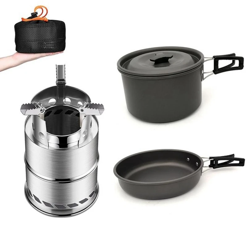 

Outdoor Pot Frying Pan Set Portable Folding Wood Stove Combination Set Stainless Steel Cookware For Camping Hiking Travel