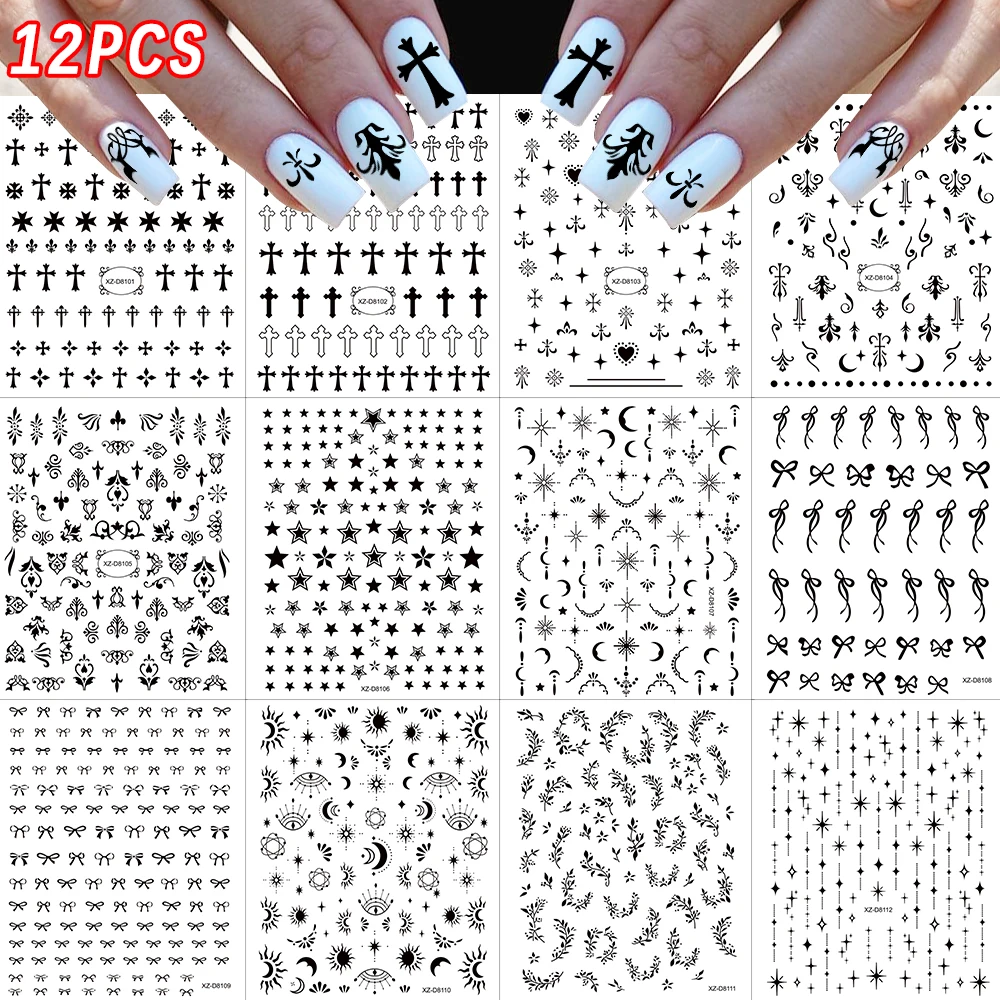 

12Pcs 3D Black Bow Cross Star Moon Nail Stickers Mini Five-pointed Star Ribbon Bow Y2K Nail Decal Nail Art Decoration Accessorie
