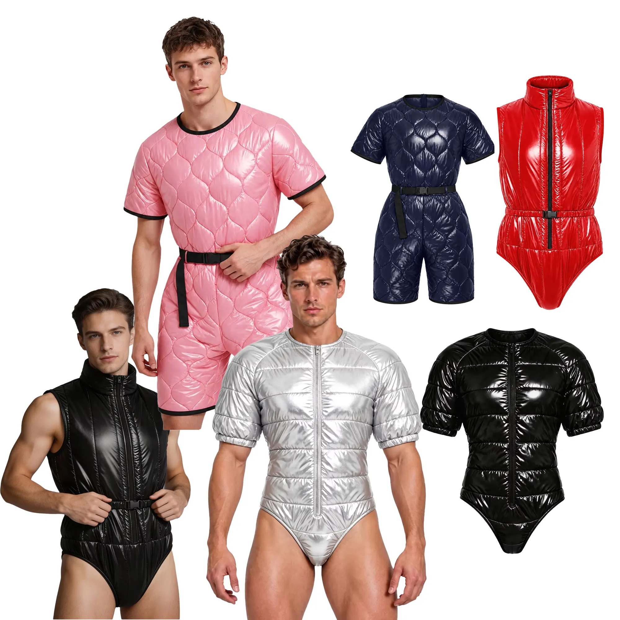 Mens Women Waterproof Padded One Piece Rompers Top Belt Short Sleeve Thigh Length Incontinence Needs jumpsuit Rave Clubwear