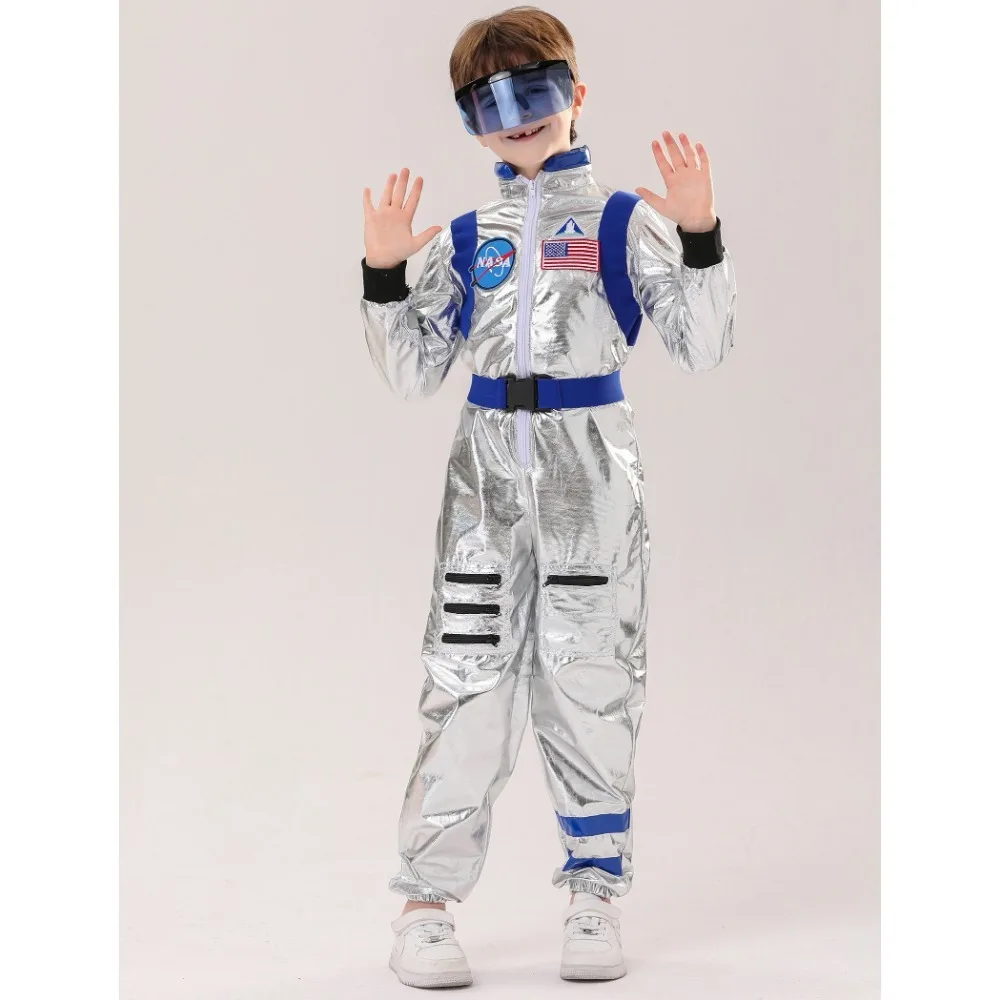 Kids Astronaut Silver Jumpsuit Halloween Space Themed Party Dress Up Boys Girls Spaceman Cosplay Costume Children Space Suit