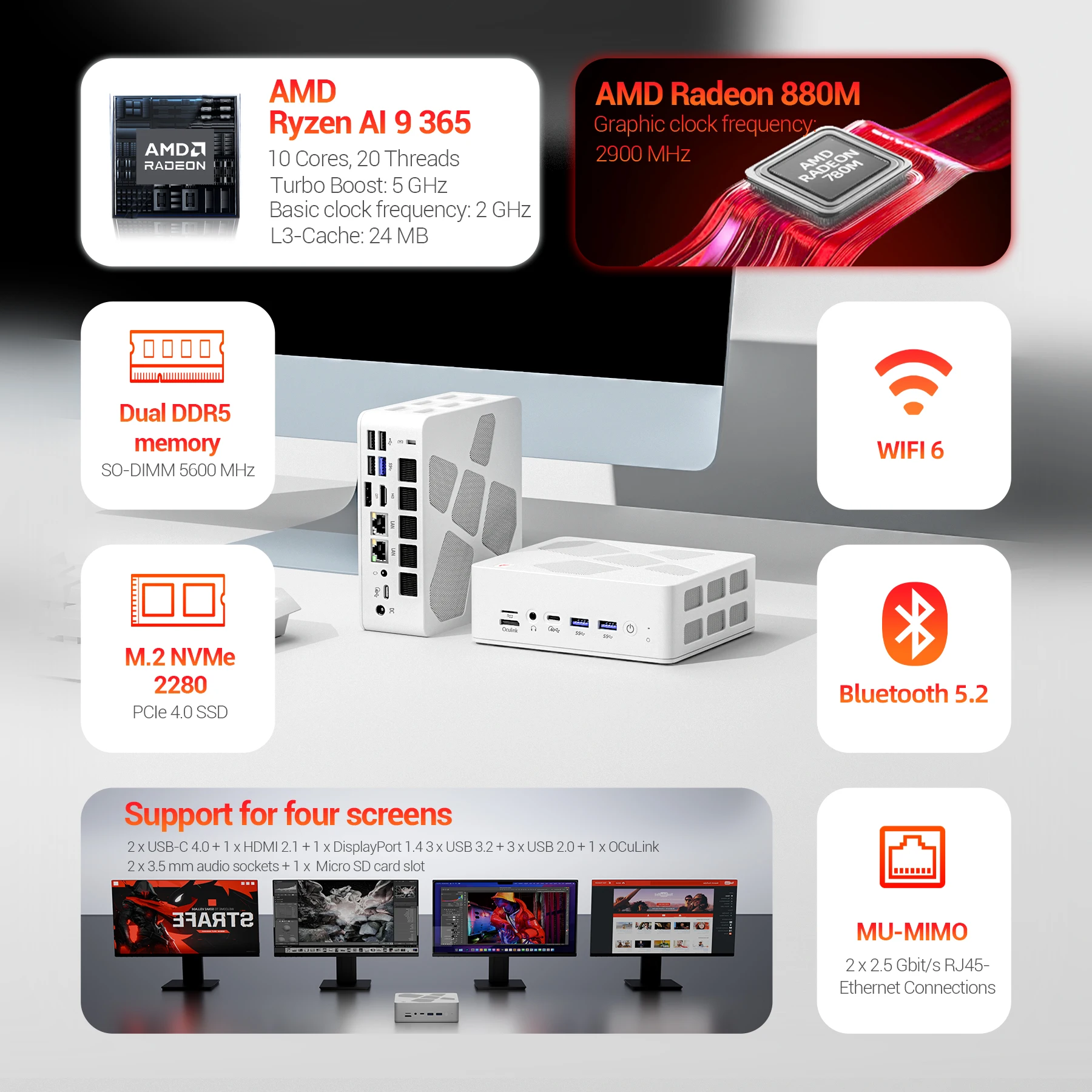 Firebat A8 Mini PC AMD Ryzen AI 9 365 32GB DDR5 1TB PCIe4.0 SSD Windows 11 OCuLink USB4*2 WiFi6 Gaming Desktop Computer