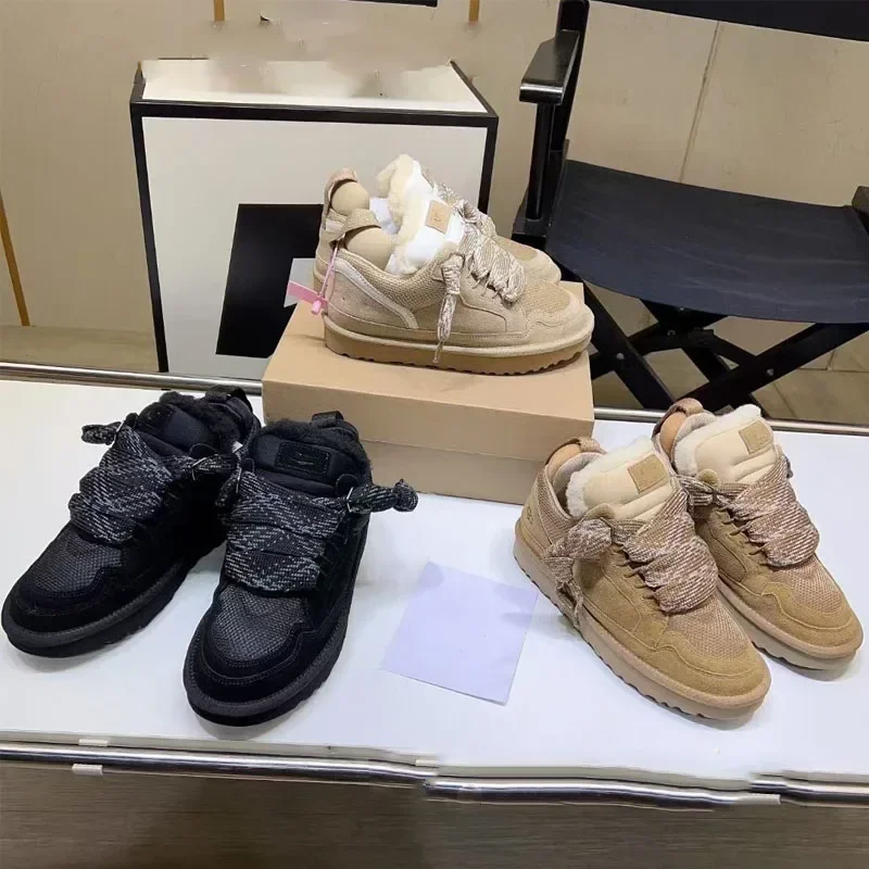 Autumn And Winter New Cow Suede Wool Thick Soled Casual lace Up Anti Slip Low Cut Warm And Plush Snow Boots