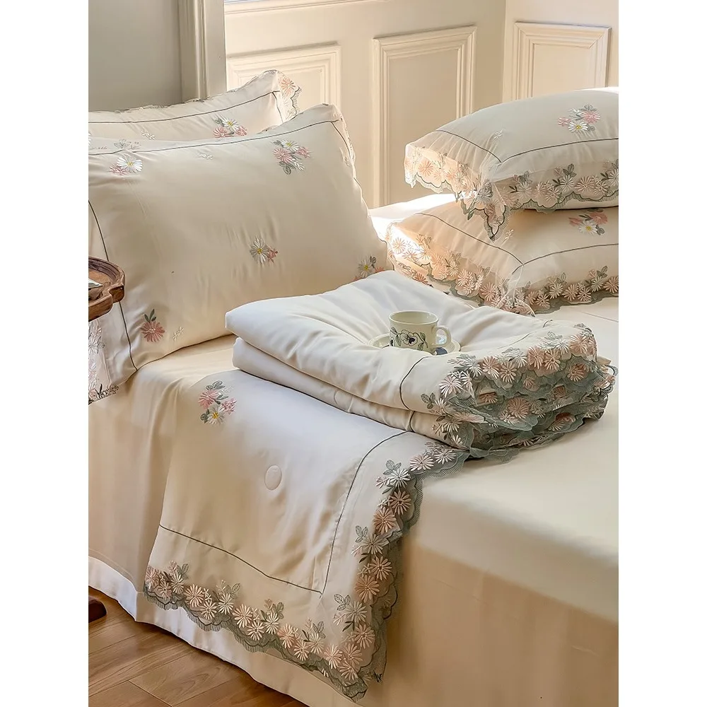 Summer 100 Lanjing Tiansi, Summer Cool Quilt Set of Four, Cool Feeling Ice Silk Air Conditioner, Lace Lace Lace, Sleeping Naked