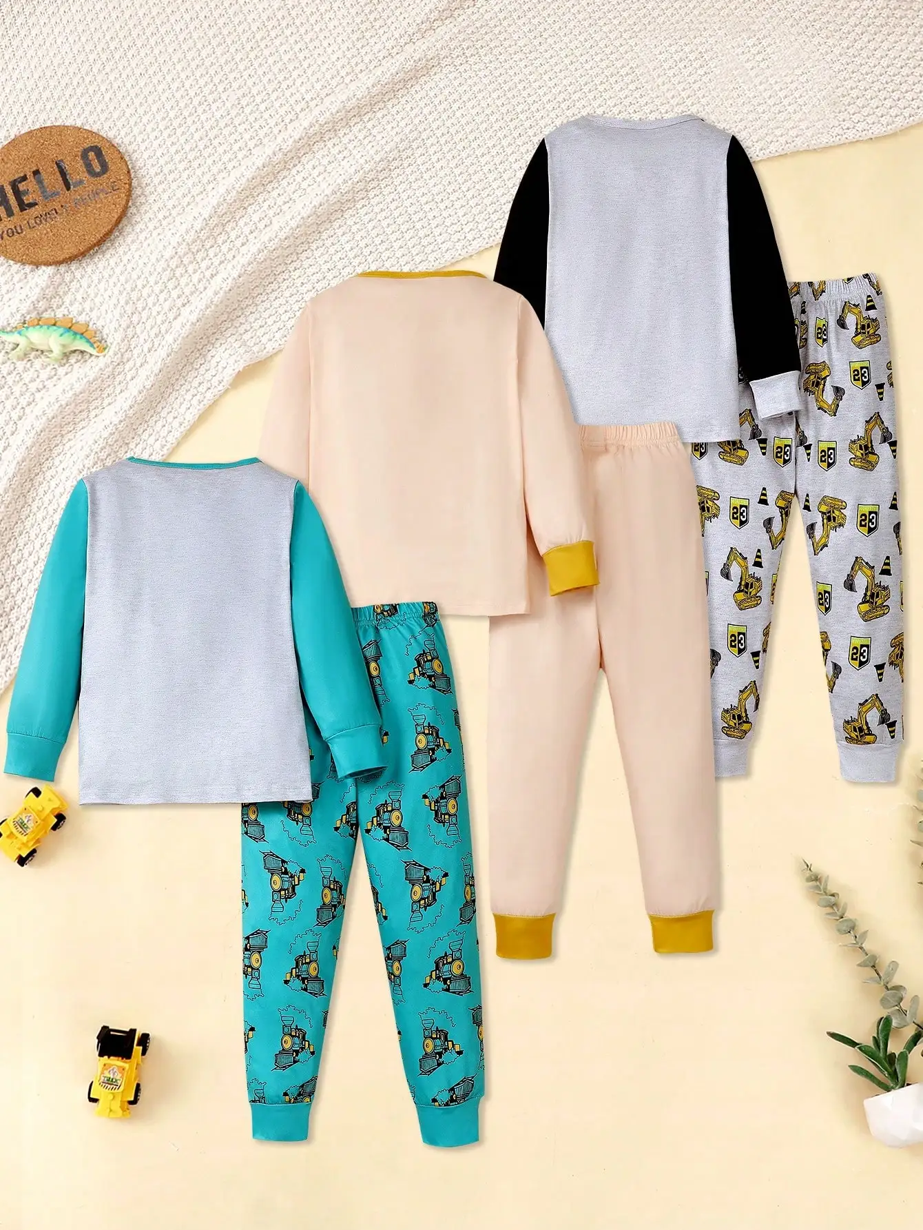 6-Piece Set, Autumn and Winter Boys' Excavator, Dinosaur, and Letter Pattern Round Neck Long-Sleeve T-Shirt + Casual Pants Set, Comfortable and Casual, Suitable for Boys' Daily Wear, as a Daily Gift