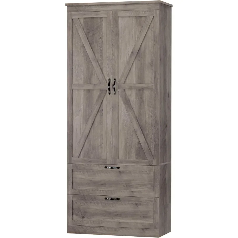 

70" Tall Kitchen Pantry Storage Cabinet, Barn Doors Pantry Cabinet with Drawers and Adjustable Shelf