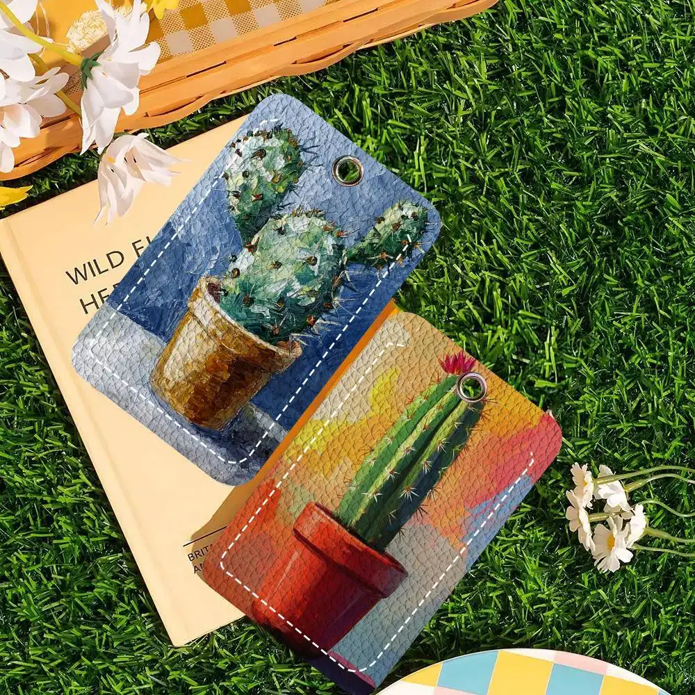 Abstract Colored Cactus Card Wallet With Keychain Fashion Print Bank Card Protective Holder