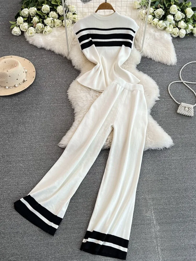 

Faionable Korean Sle Women's Knitted Slim Fit Top And Wide Leg Pants Two Piece Set Svel High Waist Straight Leg