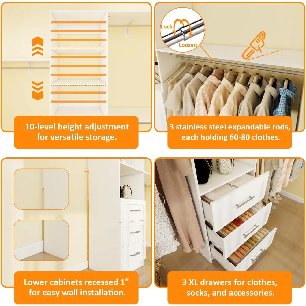 „5 bis 8 Fuß verstellbares Schrank-Organizer-System mit Schubladen, Regalen und ausziehbaren Hängestangen“