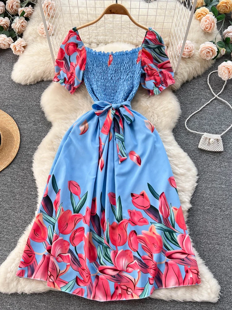 YuooMuoo Limited Big Sales Women Dress Vintage Print Flowers Sash Bandage Long Summer Dress Elegant Y2K Korean Party Vestido