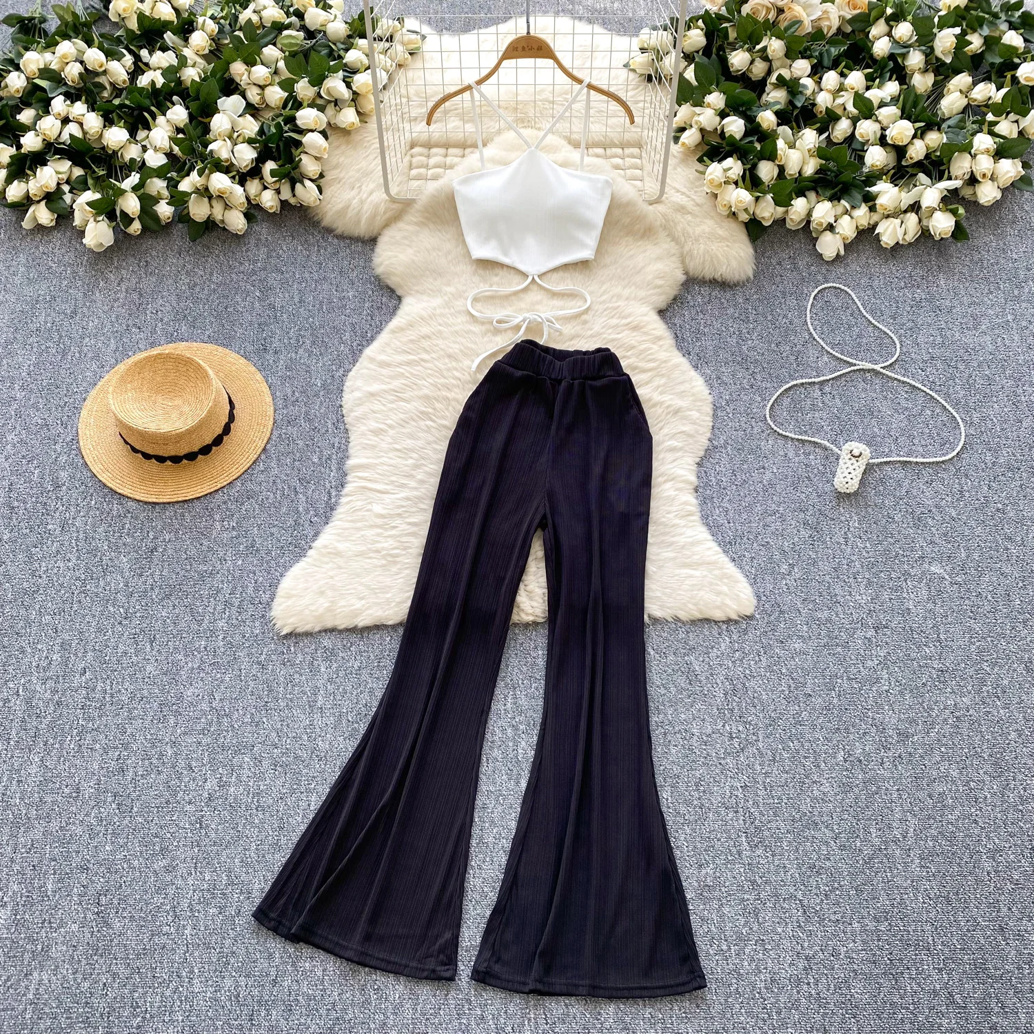 Vrouwelijke trendy zomertopbroek set 2-luxe design pak trekkoord camis tanks flare broek hotsweet sexi nachtclub streetwear