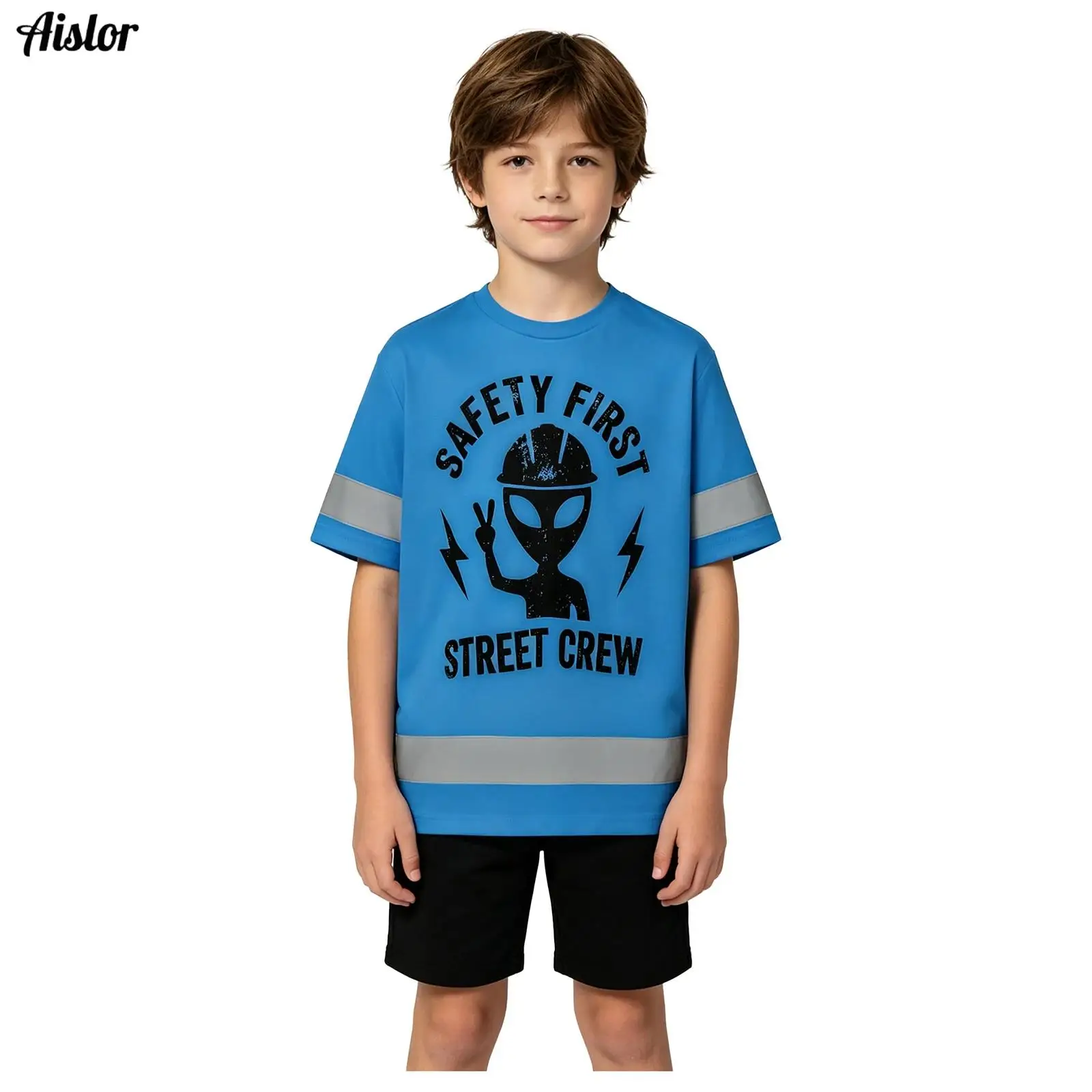 

Short Sleeve Safety T Shirt Orange High Visibility Shirt Kids Boys Girls Alien Letter Print T-shirt for Running Outdoor Public