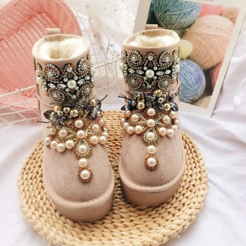 Pearls Beaded Non-Slip Women Snow Boots 2024 Cow Suede Winter Warm Thicken Fur Plush Shoes Female Rhinestones Ankle Booties