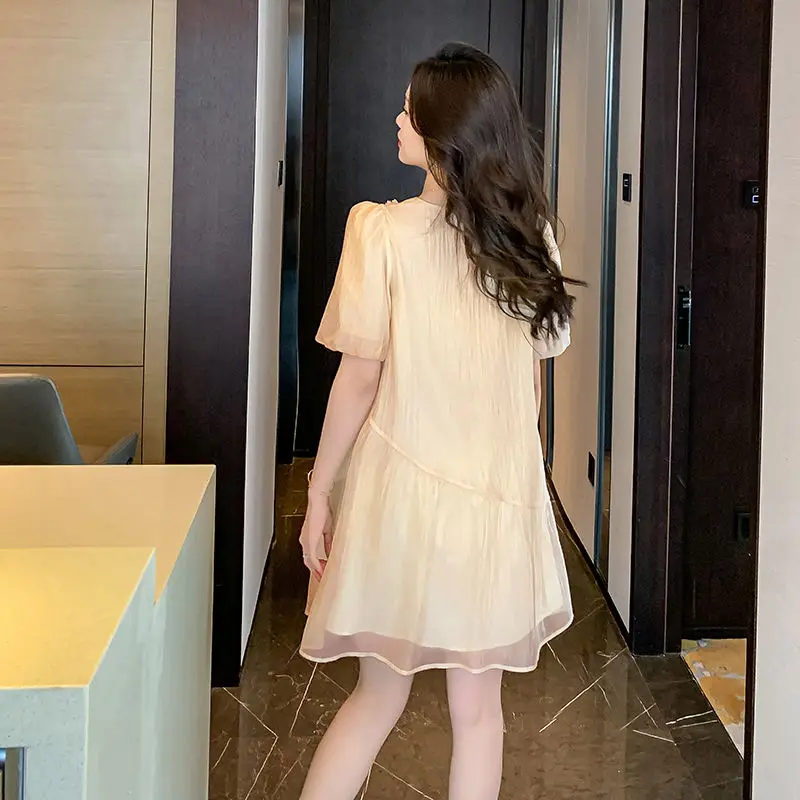 Vestido de gasa de manga corta nuevo para el verano 2025, falda acampanada adelgazante de estilo francés dulce elegante