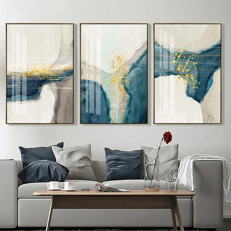 

3pcs/Set Modern Minimalist Abstract Blue Canvas Poster Wall Art Picture Wall Decoration, Living Room Home Decor Woodblock Prints