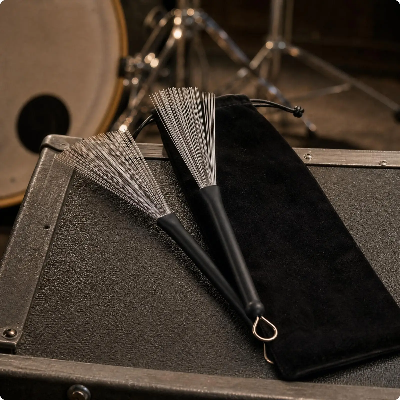 Steel-Wire Drum Brush with Hanging Loop Drum Brush with Velvet Storage Bag Comfortable Grip for Jazz Drummers