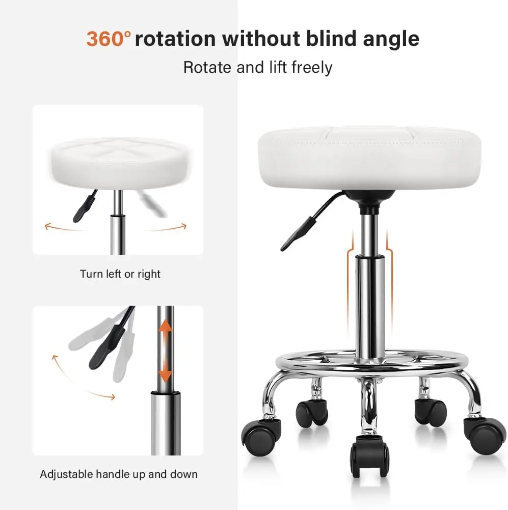 Round Rolling Stool Chair PU Leather Height Adjustable Swivel Drafting Work SPA Shop Medical Salon Stools with Wheels Of