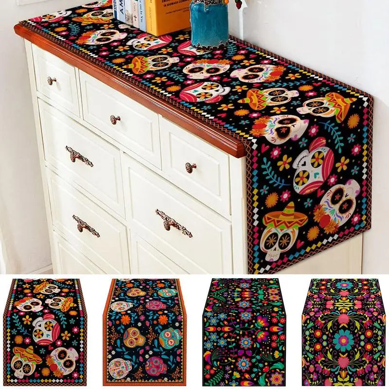 Day Of The Dead Table Decorations Halloween Floral Sugar Skull Cloth Table Runner For Party Decor Dining Living Study Room