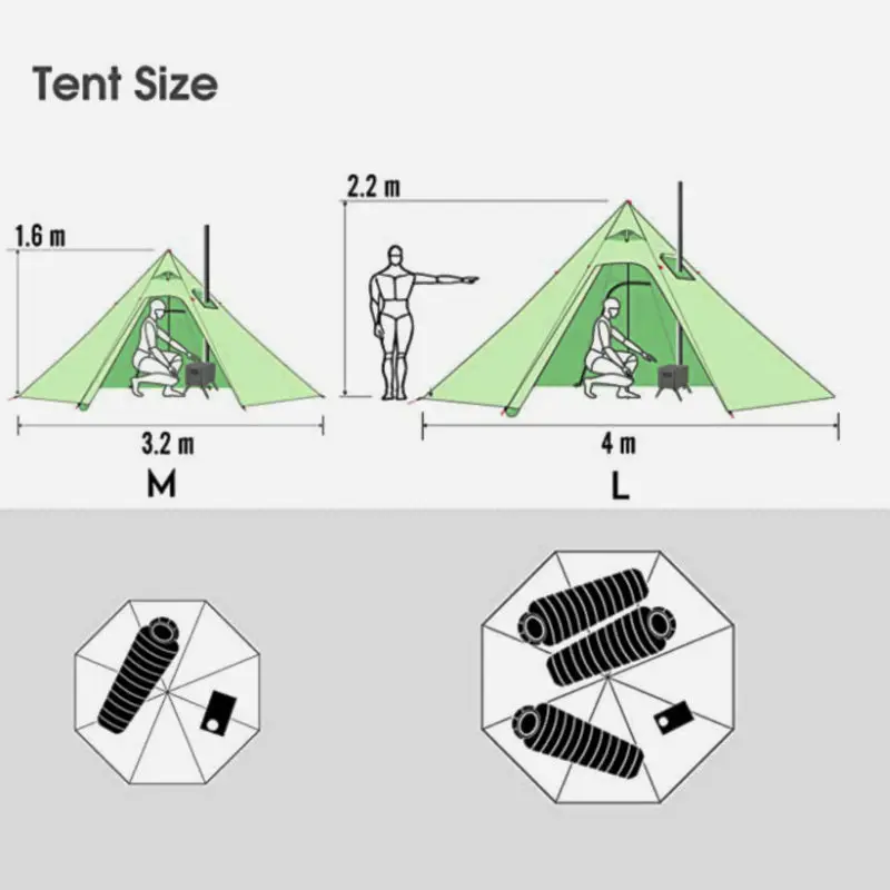 320/400 Big Camping Pyramid Tent 4 Season Ultralight Bushcraft Backpacking Tent Outdoor 210T Plaid Winter Tent with Snow Skirt