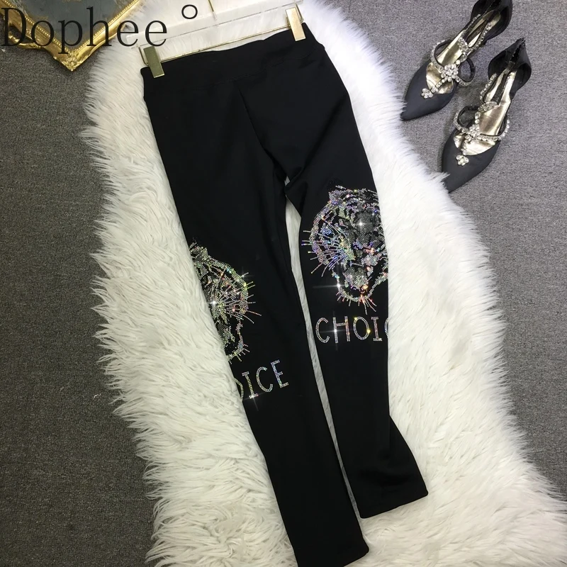 High Quality Spring Autumn Hot Drilling Women Leggings Luxury Tiger Diamonds Elastic Waist Pencil Pants Black Slimming Leggings