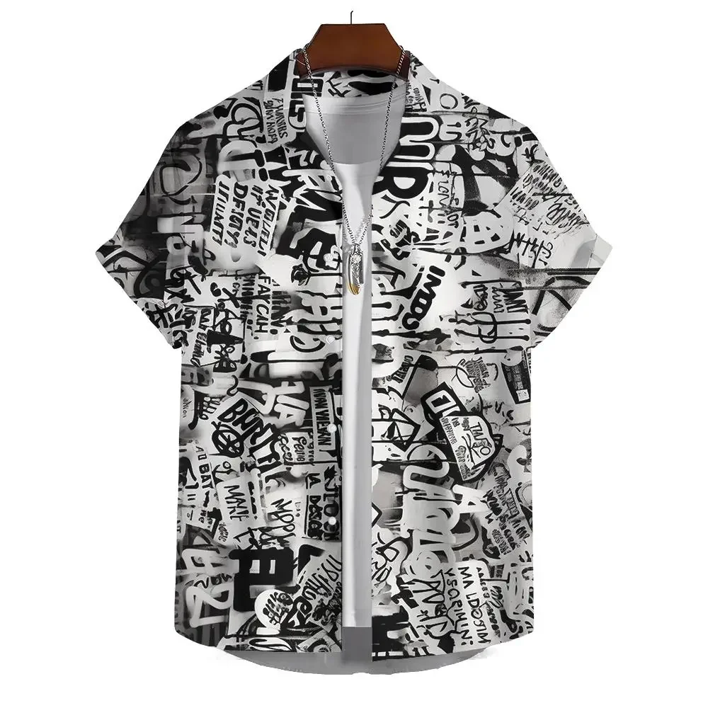 Hawaiian Shirt Short-Sleeved Shirt Men's Lapel Button-Down Shirt Graffiti Print Clothing Street Casual Loose Clothes 2024Fashion