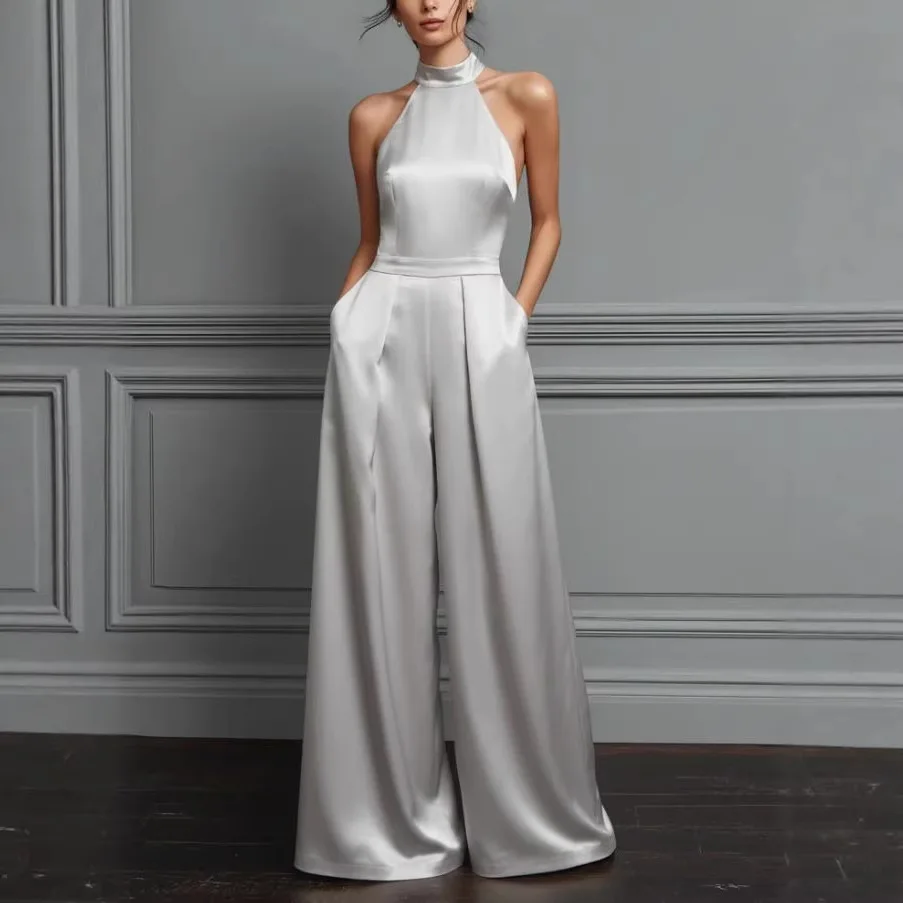 

Новый женский комбинезон 2026 года: элегантный, с вырезом халтер, без рукавов, современный, с широкими штанинами, летний, однотонный, для вечеринок