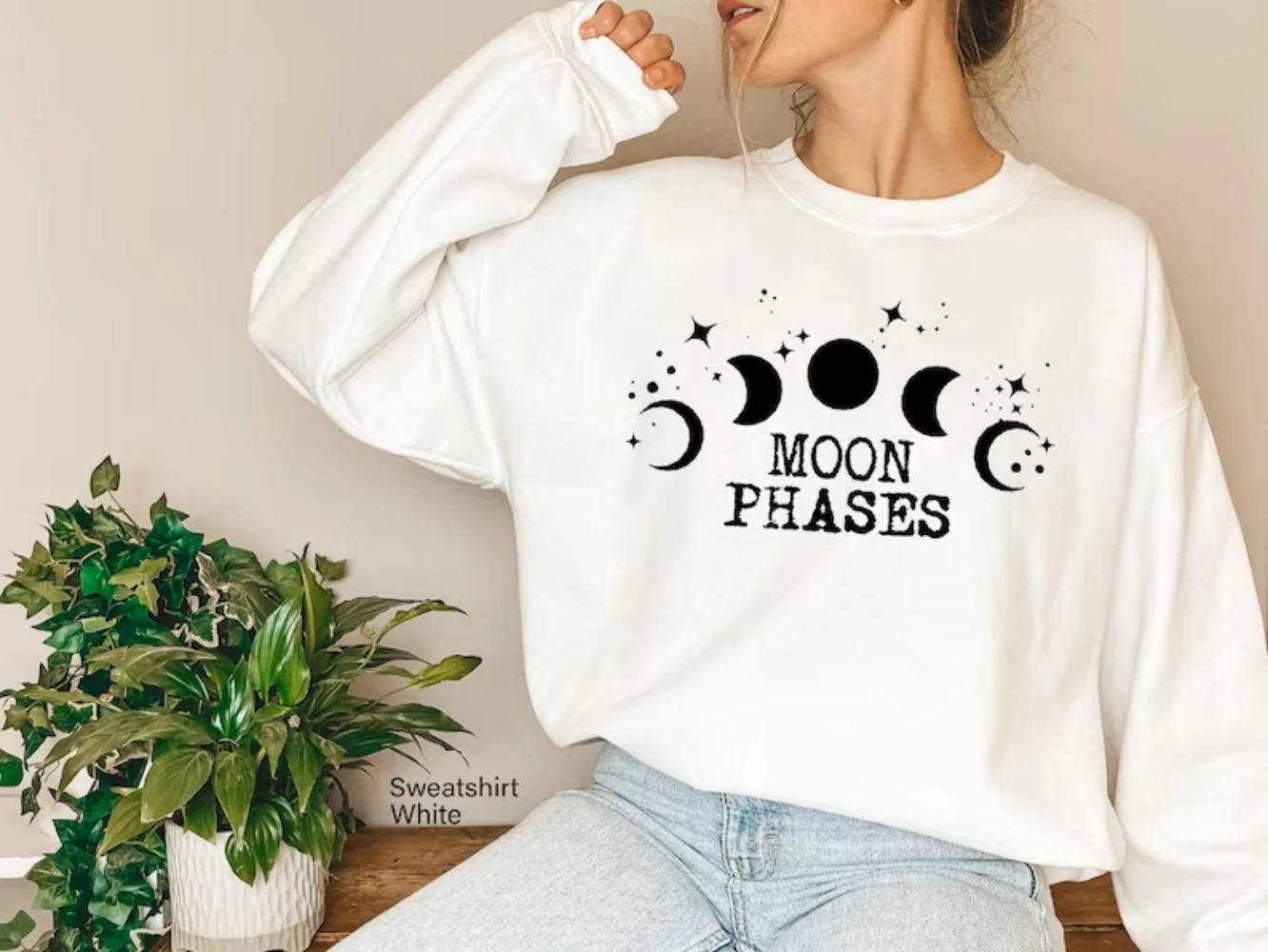 Mystical Moon Phase Sweatshirt Bohemian Style Trendy Celestial Moon Pullover Shirt Retro Moon Lover Spiritual Women Clothes