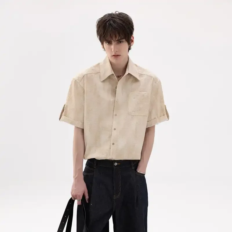 Men's Japanese Style Short Sleeve Shirt New Solid Color Casual Loose Blouse