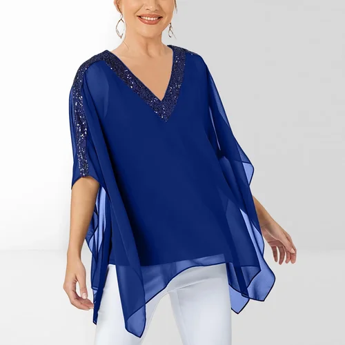 Imagen 2 del producto Blusa elegante de talla grande con lentejuelas y cuello en V para mujer, blusa con manga de murciélago dividida, Top informal Irregular de verano para mujer