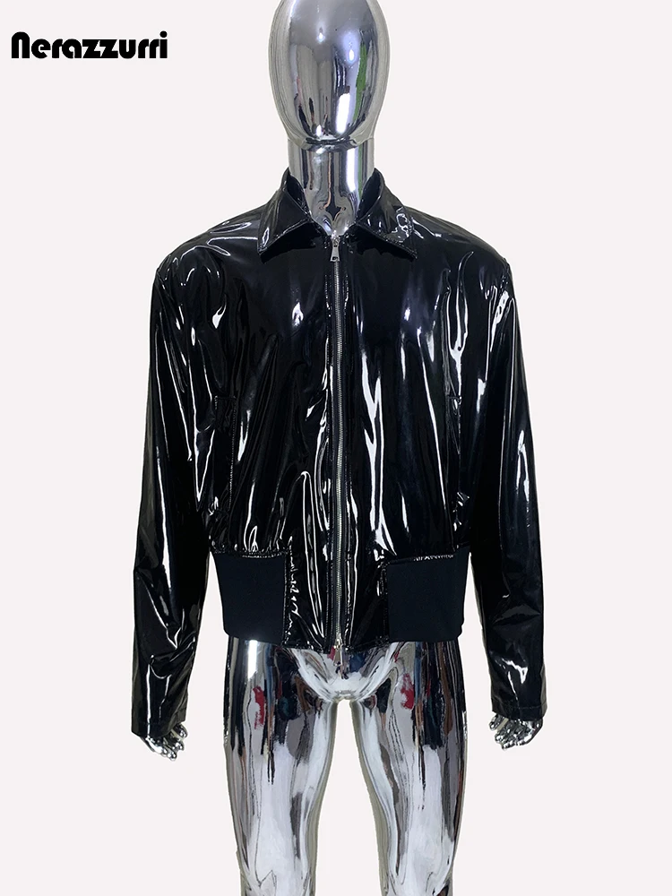 

Nerazzurri Spring Autumn Shiny Reflective Soft Black Patent Faux Leather Jacket Men Zipper Turn-down Collar Goth Clothes 2024