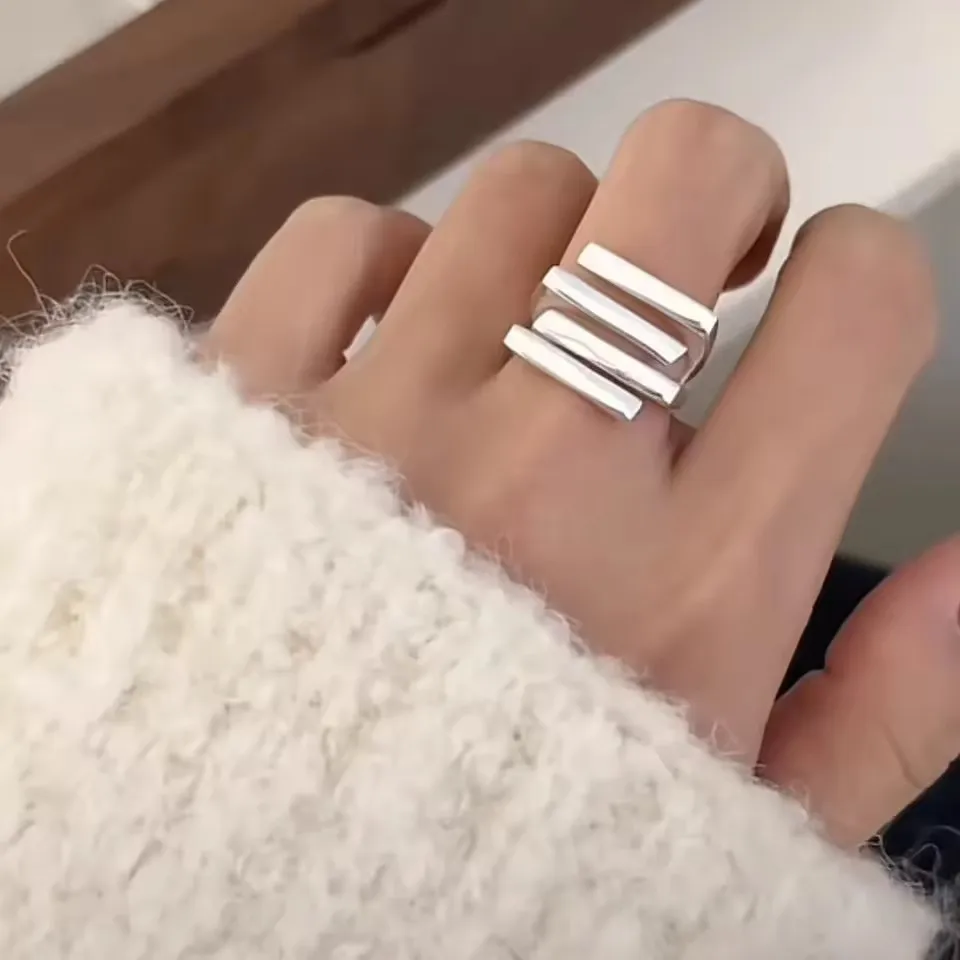 Sam Panda 925 Sterling Rings for Women Simple Geometric Handmade Irregular Retro Ring Gold Zircon Allergy For Birthday Gift