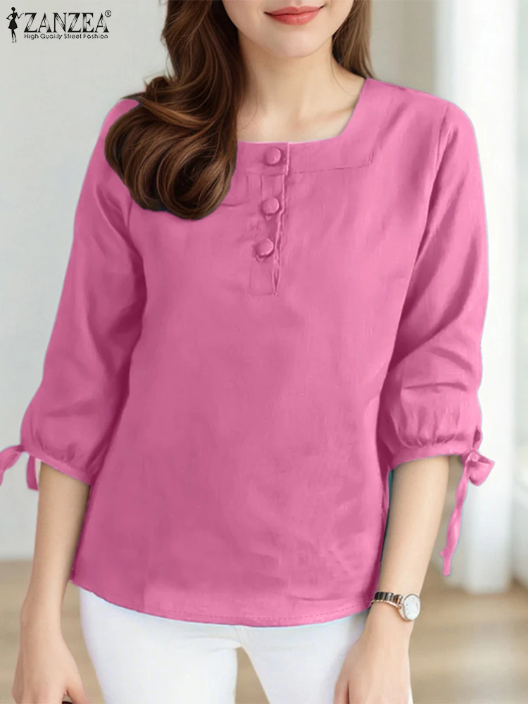 ZANZEA Moda Donna Camicette eleganti Autunno Colletto quadrato Tinta unita Tunica Top 2025 Casual Allentato Manica 3/4 Camicie da lavoro da ufficio